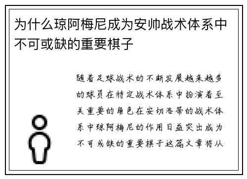为什么琼阿梅尼成为安帅战术体系中不可或缺的重要棋子