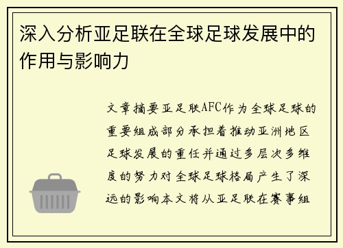 深入分析亚足联在全球足球发展中的作用与影响力